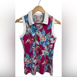 Tommy Bahama Golf Women's Sleeveless Navy Pink Floral Collared Blouse Size XS